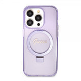 Guess iPhone 15 Pro Kuori Ring Stand Glitter MagSafe Violetti
