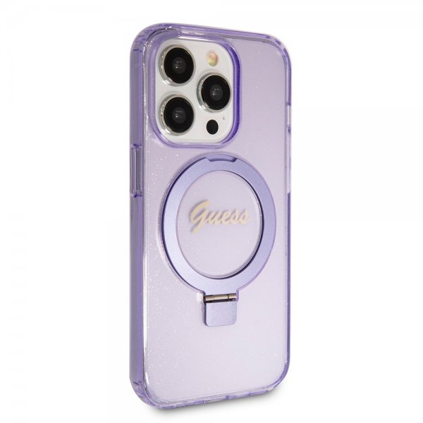 Guess iPhone 15 Pro Kuori Ring Stand Glitter MagSafe Violetti