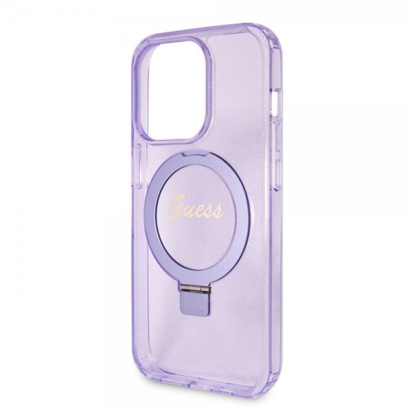 Guess iPhone 15 Pro Kuori Ring Stand Glitter MagSafe Violetti