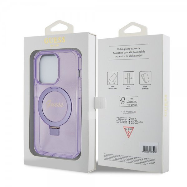 Guess iPhone 15 Pro Kuori Ring Stand Glitter MagSafe Violetti