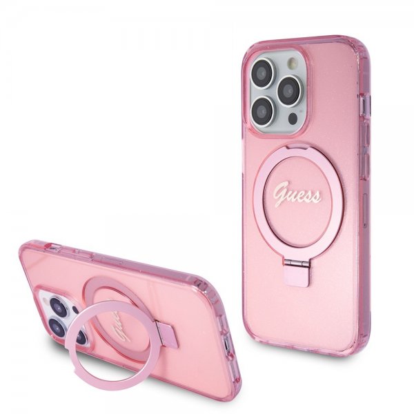 Guess iPhone 15 Pro -kuori Ring Stand Glitter MagSafe Rose
