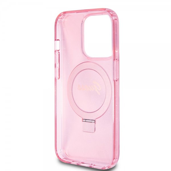 Guess iPhone 15 Pro -kuori Ring Stand Glitter MagSafe Rose