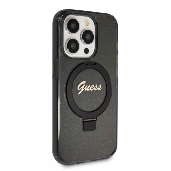 Guess iPhone 15 Pro Kuori Sormusteline Glitter MagSafe Musta