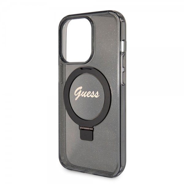 Guess iPhone 15 Pro Kuori Sormusteline Glitter MagSafe Musta