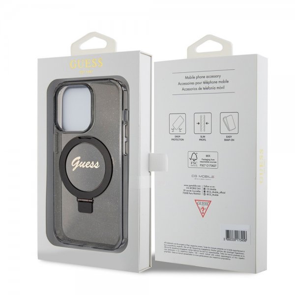 Guess iPhone 15 Pro Kuori Sormusteline Glitter MagSafe Musta