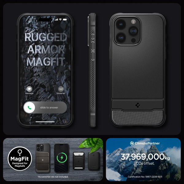 Spigen iPhone 15 Pro -suojakuori, Rugged Armor MagFit, mattamusta