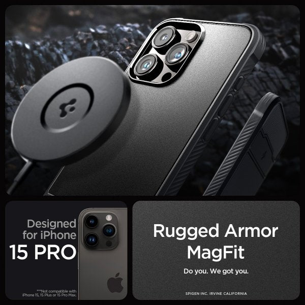 Spigen iPhone 15 Pro -suojakuori, Rugged Armor MagFit, mattamusta