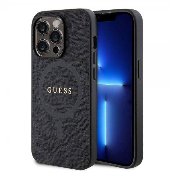 Guess iPhone 15 Pro Saffiano MagSafe -suojakuori, musta