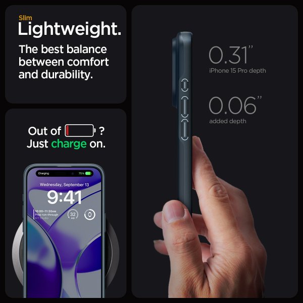 Spigen iPhone 15 Pro Thin Fit -suojakuori, Metal Slate