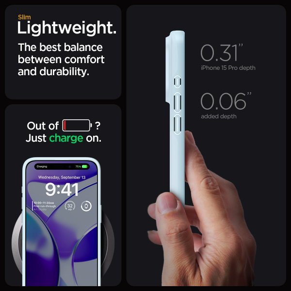 Spigen iPhone 15 Pro -suojakuori, Thin Fit, Mute Blue