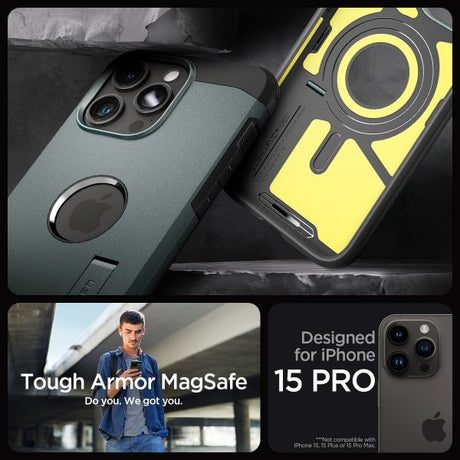 Spigen iPhone 15 Pro -suojakuori Tough Armor MagFit Abyss Green