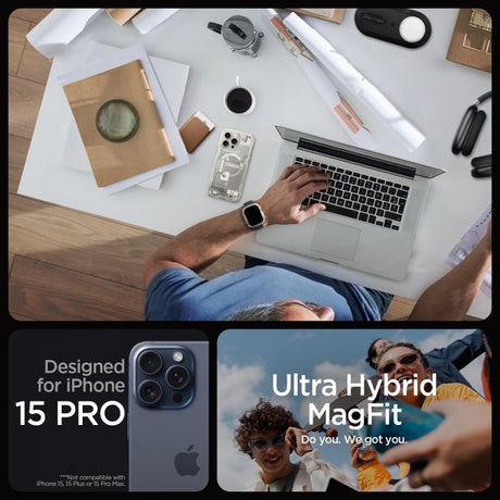 Spigen iPhone 15 Pro Ultra Hybrid Zero One MagFit -suojakuori, Natural Titanium