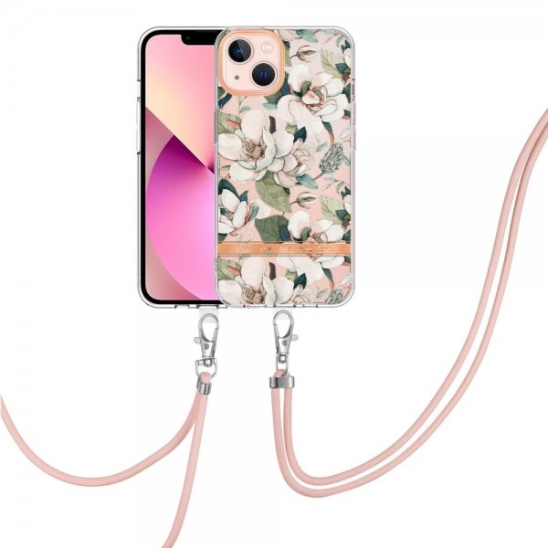 iPhone 15 Kuoret Kukka-aiheella ja Hihnalla, Vihreä Gardenia