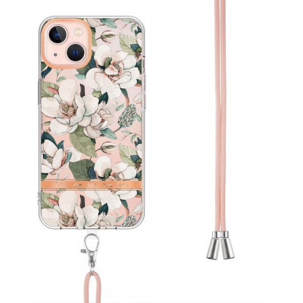 iPhone 15 Kuoret Kukka-aiheella ja Hihnalla, Vihreä Gardenia