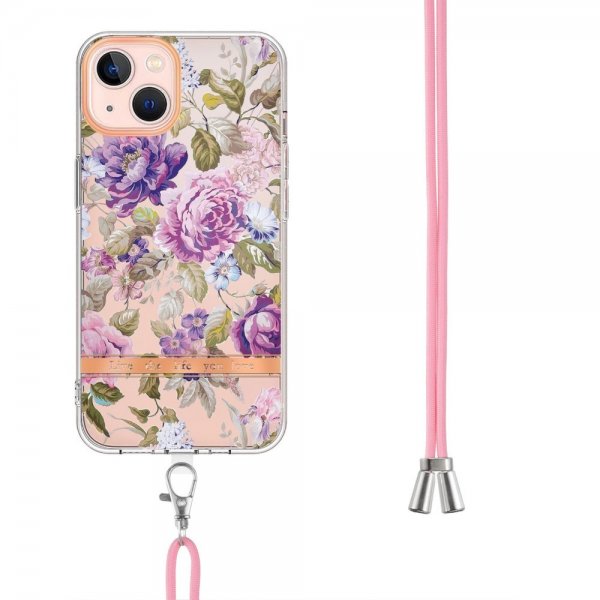 iPhone 15 Kuoret Kukka Kuvio Strapilla Violetti Pioni