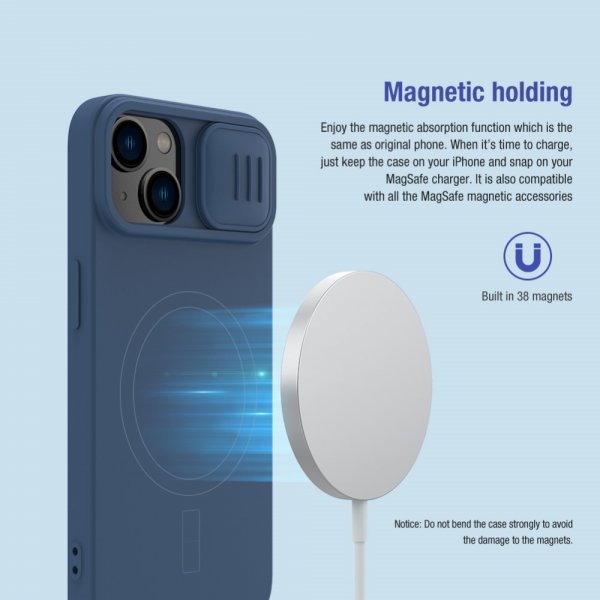 Nillkin iPhone 15 -kuori CamShield Silky MagSafe, sininen