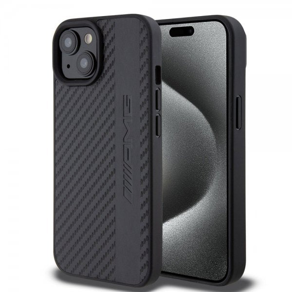 Mercedes Benz iPhone 15 Kuori Carbon Effect Leather Stripe AMG Musta