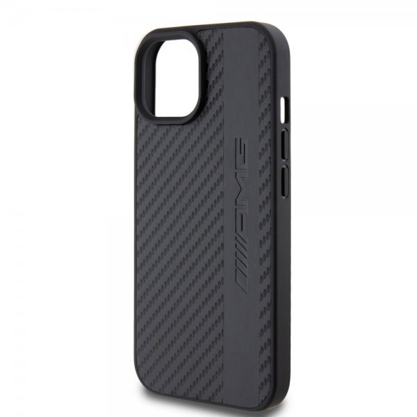 Mercedes Benz iPhone 15 Kuori Carbon Effect Leather Stripe AMG Musta