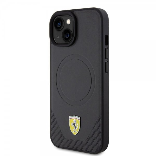 Ferrari iPhone 15 Kuori Carbon PU Nahka MagSafe Musta