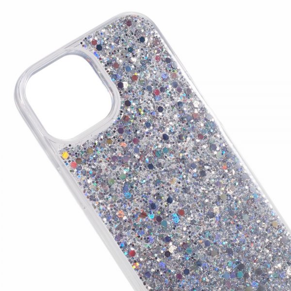 iPhone 15 -kuori, hopeiset glitterpaljetit