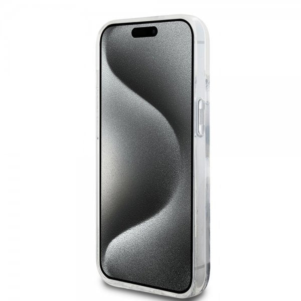 Karl Lagerfeld iPhone 15 -kuori Liquid Glitter Karl & Choupette Silver