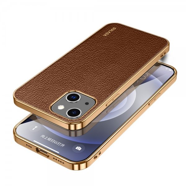 Sulada iPhone 15 Kuori Litsi -kuviointi Kullattu reuna Kahvi