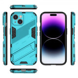 iPhone 15 -kotelo jalustalla, vaaleansininen