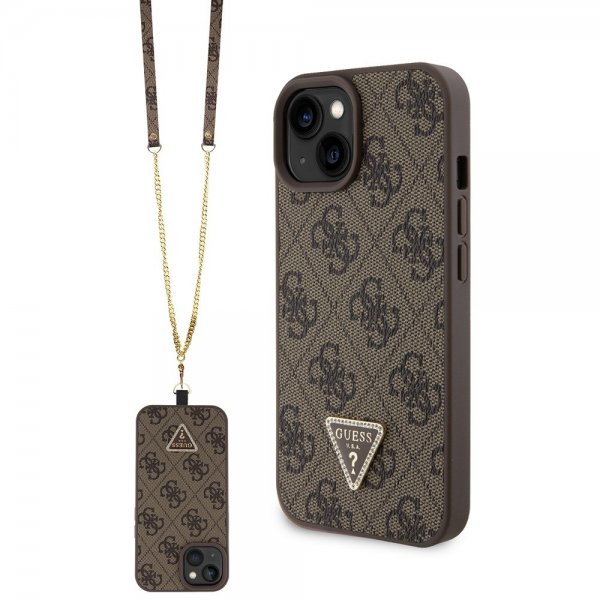 Guess iPhone 15 Kuori Metal Logo Strass Crossbody-hihna Ruskea