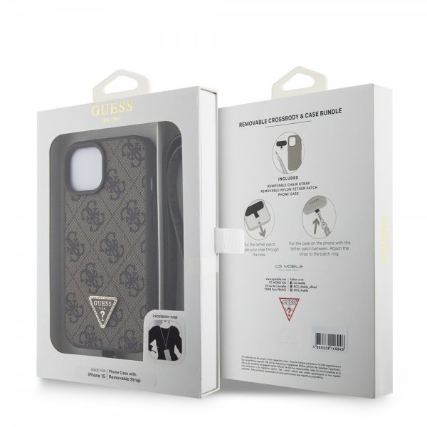 Guess iPhone 15 Kuori Metal Logo Strass Crossbody-hihna Ruskea