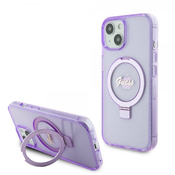 Guess iPhone 15 Kuoret Ring Stand Glitter MagSafe Violetti