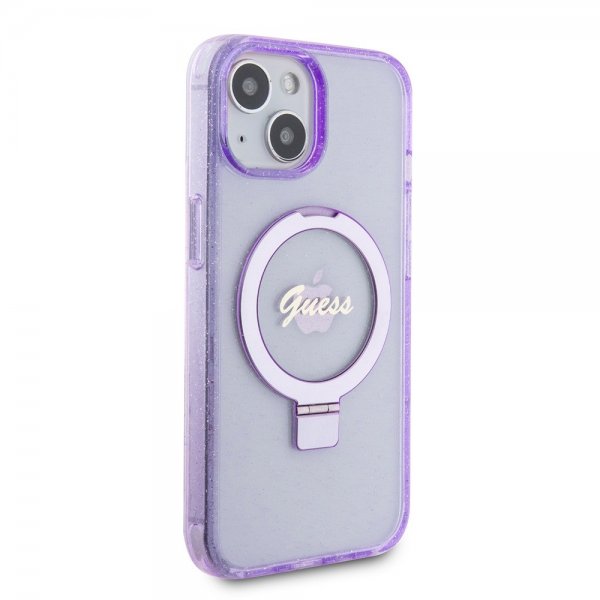 Guess iPhone 15 Kuoret Ring Stand Glitter MagSafe Violetti