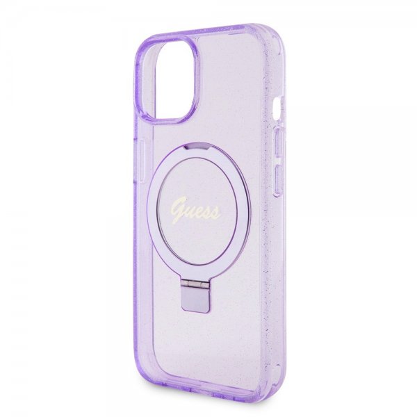 Guess iPhone 15 Kuoret Ring Stand Glitter MagSafe Violetti