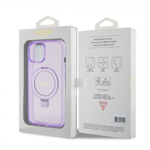 Guess iPhone 15 Kuoret Ring Stand Glitter MagSafe Violetti