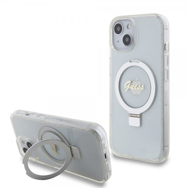 Guess iPhone 15 Kuori Sormusteline Glitter MagSafe Läpinäkyvä