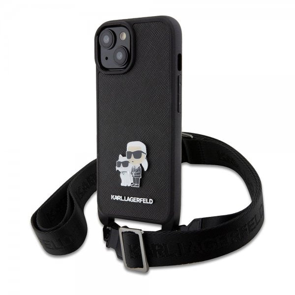 Karl Lagerfeld iPhone 15 Saffiano Karl & Choupette Crossbody Suojakuori Musta