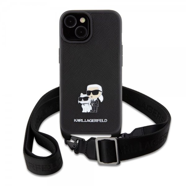 Karl Lagerfeld iPhone 15 Saffiano Karl & Choupette Crossbody Suojakuori Musta