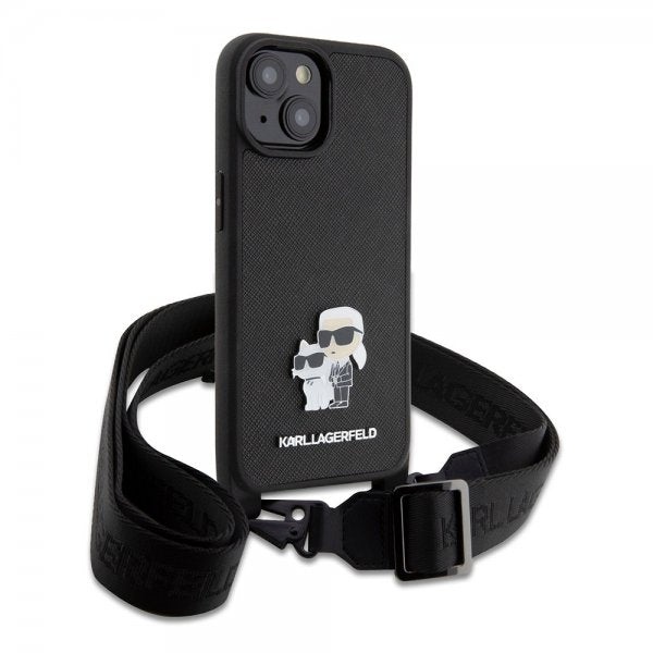 Karl Lagerfeld iPhone 15 Saffiano Karl & Choupette Crossbody Suojakuori Musta