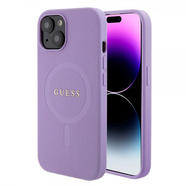 Guess iPhone 15 Saffiano MagSafe -kuori violetti