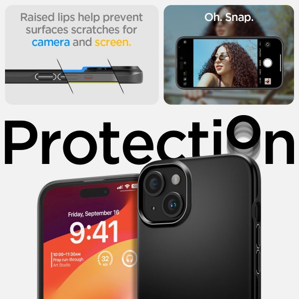 Spigen iPhone 15 Thin Fit -kuori, musta