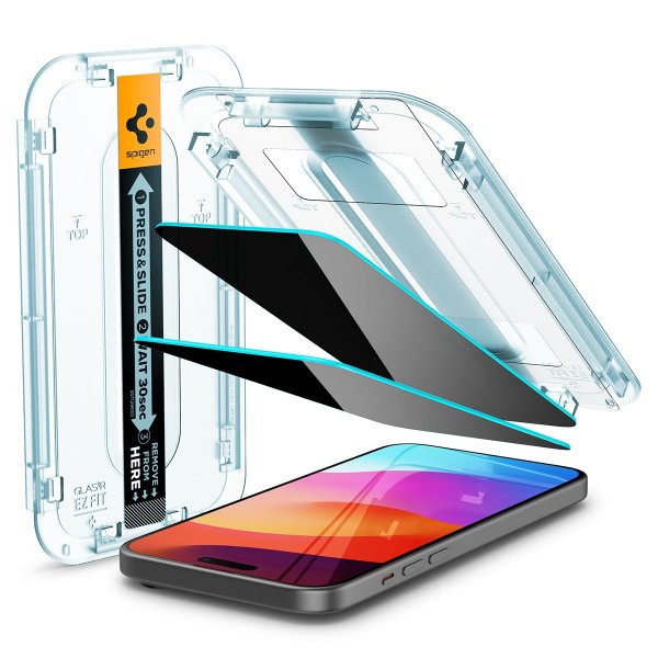 Spigen iPhone 15/iPhone 16 -näytönsuoja GLAS.tR EZ Fit Privacy 2-pakkaus
