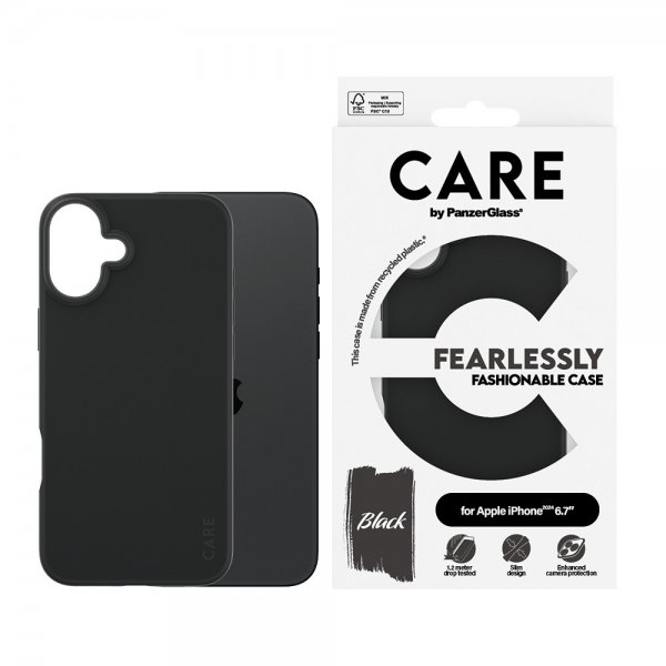CARE by PanzerGlass iPhone 16 Plus -suojakuori, muotikäs design, musta