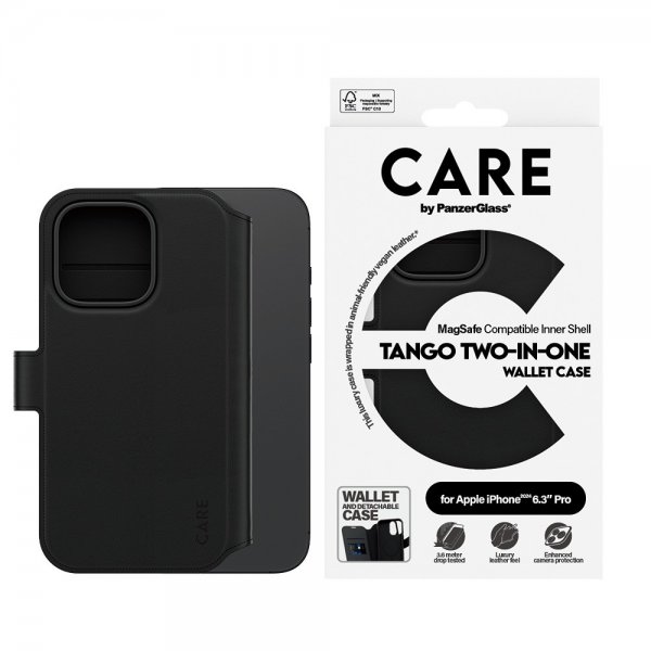 CARE by PanzerGlass iPhone 16 Pro Kotelo Tango Two-in-One Wallet MagSafe Musta