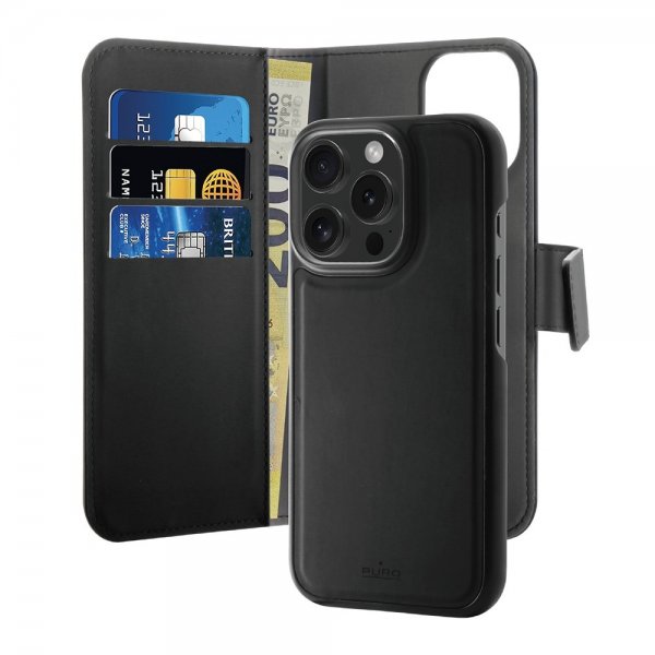 Puro iPhone 16 Pro Kotelo Lompakko Irrotettava 2-in-1 Musta