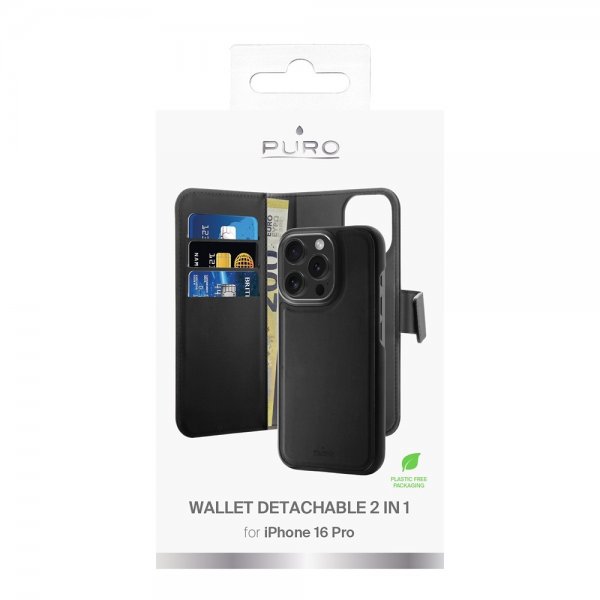 Puro iPhone 16 Pro Kotelo Lompakko Irrotettava 2-in-1 Musta