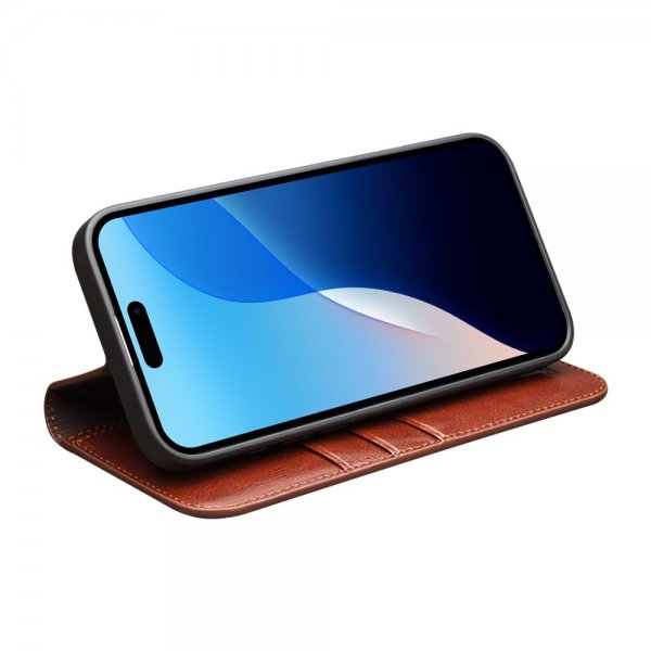 Qialino iPhone 16 Pro Max -kotelo, aitoa nahkaa, ruskea