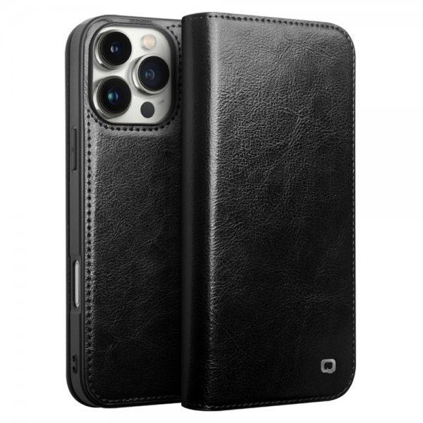 Qialino iPhone 16 Pro Max -kotelo, aitoa nahkaa, musta