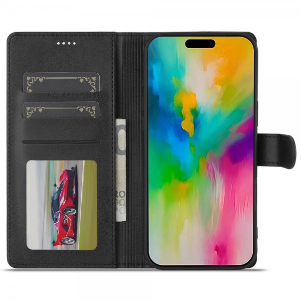 Lc.Imeeke iPhone 16 Pro Max -suojakuori korttipaikalla ja jalustatoiminnolla, musta