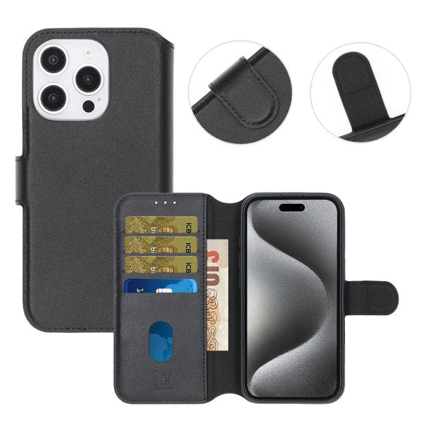 Rvelon iPhone 16 Pro Max Kotelo Aitoa nahkaa Korttitaskut Musta