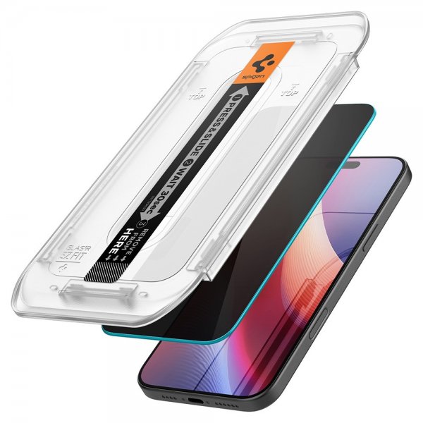 Spigen iPhone 16 Pro/iPhone 17/17 Pro -näytönsuoja GLAS.tR EZ Fit Privacy 2-pack