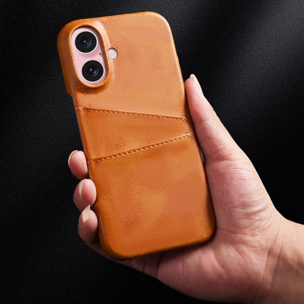 iPhone 16 -suojakuori, jossa kaksi korttipaikkaa, tummanruskea